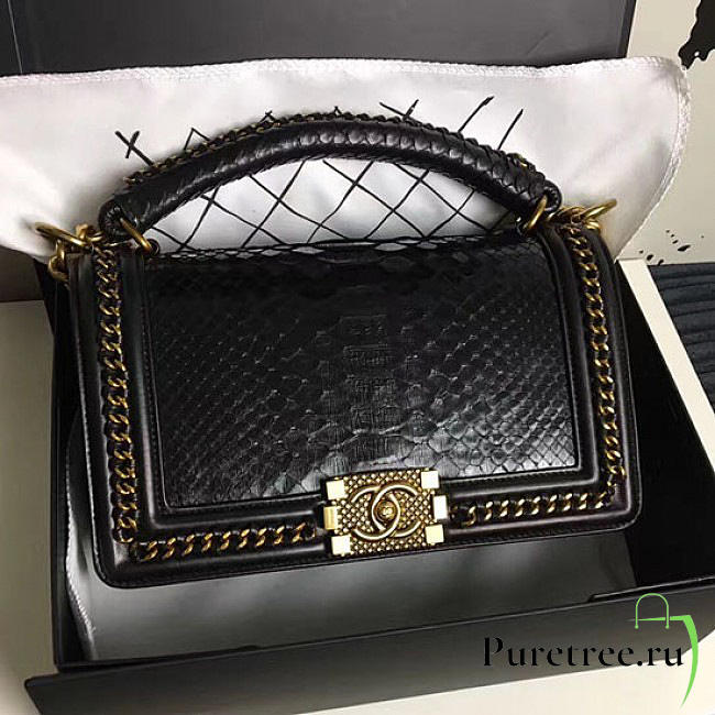 Chanel snake embossed boy bag with top handle black gold | A14041  - 1