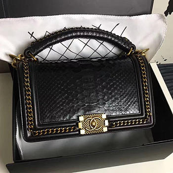 Chanel snake embossed boy bag with top handle black gold | A14041 