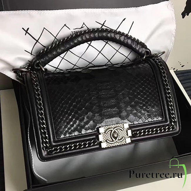 Chanel snake embossed boy bag with top handle black silver | A14041  - 1