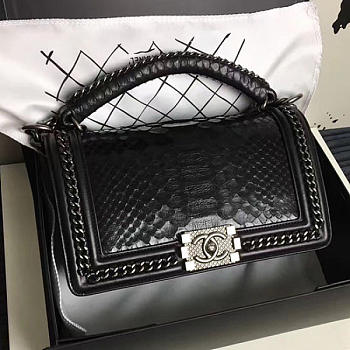Chanel snake embossed boy bag with top handle black silver | A14041 