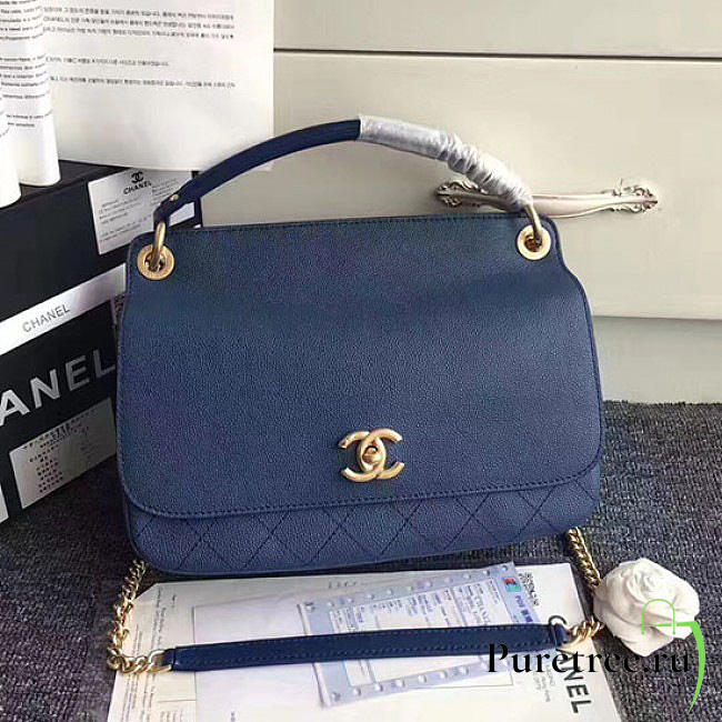 Chanel grained calfskin large top handle flap bag blue a93757 vs02159 - 1