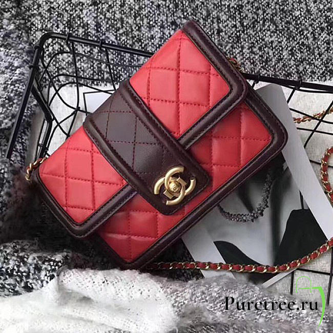 Chanel lambskin small wallet on chain red | A91365 - 1