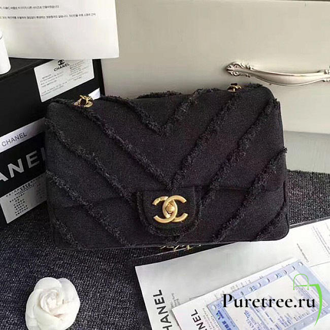 chanel black canvas patchwork chevron medium flap bag CohotBag 040101 vs02373 - 1