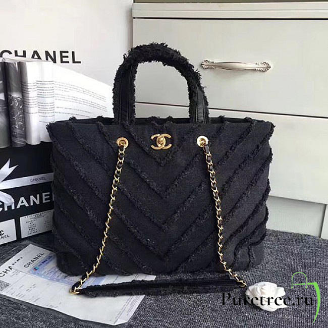 Chanel canvas patchwork chevron large shopping bag black | 260302  - 1