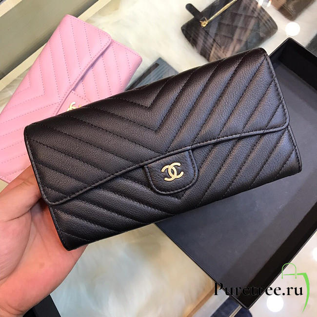 Chanel long imported deer grain leather v-grain road wallet black | 80758  - 1