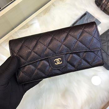 Chanel classic cf long lychee purse black with green