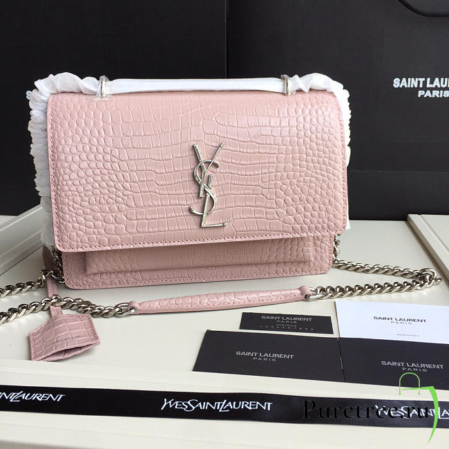 YSL small crocodile silver chain front flap handbag pink - 1
