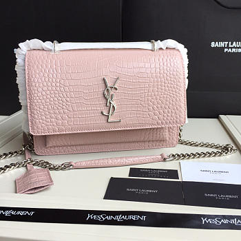 YSL small crocodile silver chain front flap handbag pink