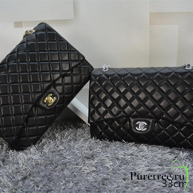 CHANEL | Lambskin Leather Flap Bag With Gold/Silver Hardware Black 33cm - 1