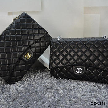 CHANEL | Lambskin Leather Flap Bag With Gold/Silver Hardware Black 33cm