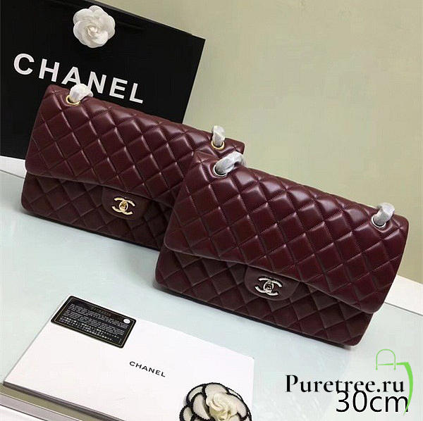 chanel lambskin leather flap bag wine red gold/silver 30cm  - 1