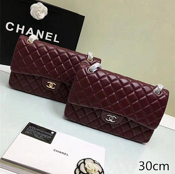 chanel lambskin leather flap bag wine red gold/silver 30cm 
