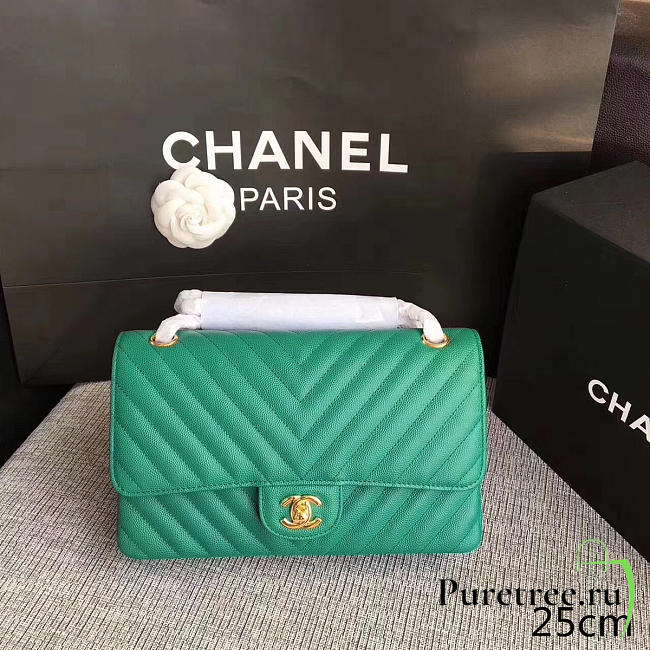 Chanel Classic Chevron Flap Bag Apple Green Grain Leather 25cm - 1