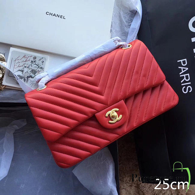 Chanel Classic Chevron Flap Bag Red  - 1