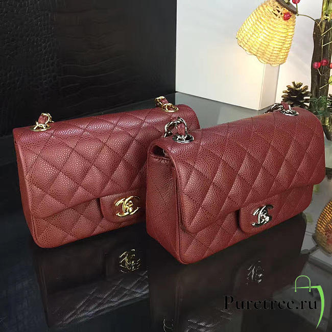 Chanel classic flap bag burgundy caviar leather sliver&gold hardware 20cm red - 1