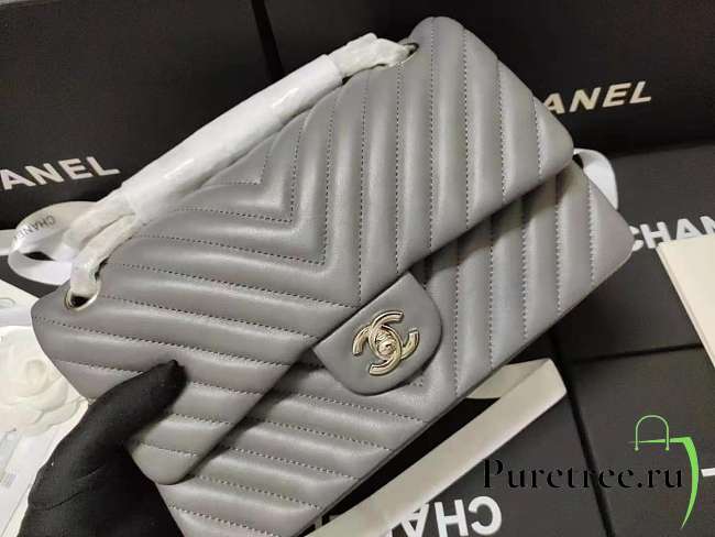 Chanel lambskin chevron quilted 30cm flap bag grey with sliver hardware - 1