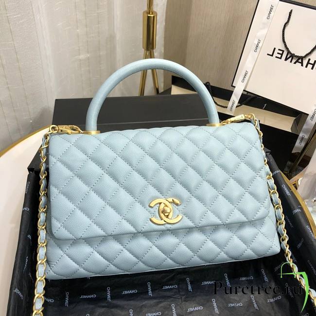 Chanel Coco Grained Calfskin with Handle Medium Light Blue | 92991  - 1