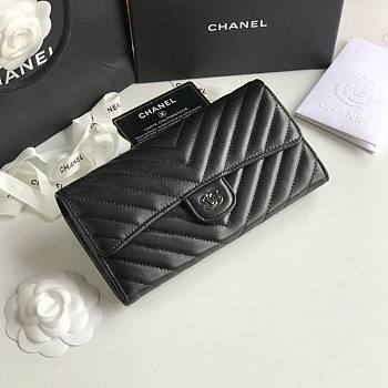 Chanel Long Grain Leather V-grainblack Silver Hardwear Wallet | 80758