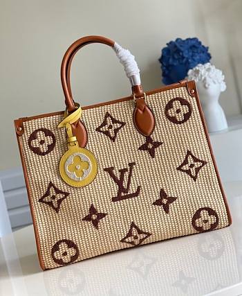 LV Onthego MM Monogram Giant Weave Embroidery Tote Bag Brown | M57723