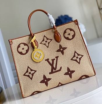 LV Onthego GM Monogram Giant Weave Embroidery Tote Bag Brown | M57723