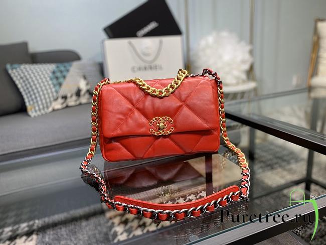 Chanel 19 Handbag Bright Red Golden & Metal Tone Small | AS1160 - 1