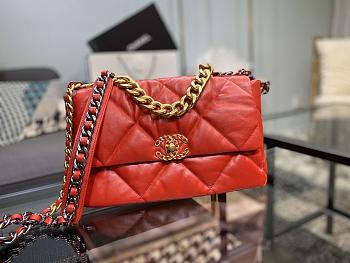 Chanel 19 Handbag Bright Red Golden & Metal Tone Medium | AS1160