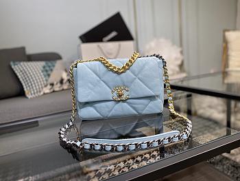 Chanel 19 Handbag Light Blue Golden & Metal Tone Small | AS1160