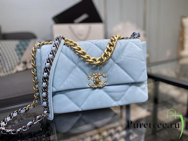Chanel 19 Handbag Light Blue Golden & Metal Tone Medium  | AS1161 - 1