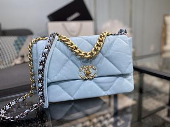 Chanel 19 Handbag Light Blue Golden & Metal Tone Medium  | AS1161