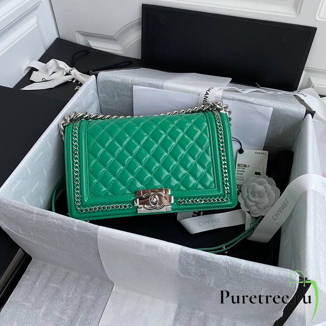 Chanel quilted lambskin medium boy bag metal hardware green | A67086 - 1