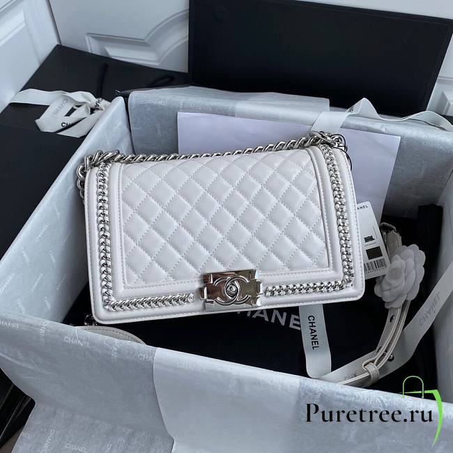 Chanel quilted lambskin medium boy bag metal hardware white | A67086 - 1