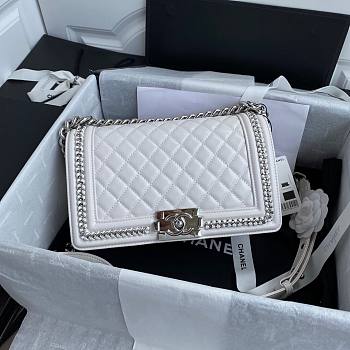 Chanel quilted lambskin medium boy bag metal hardware white | A67086