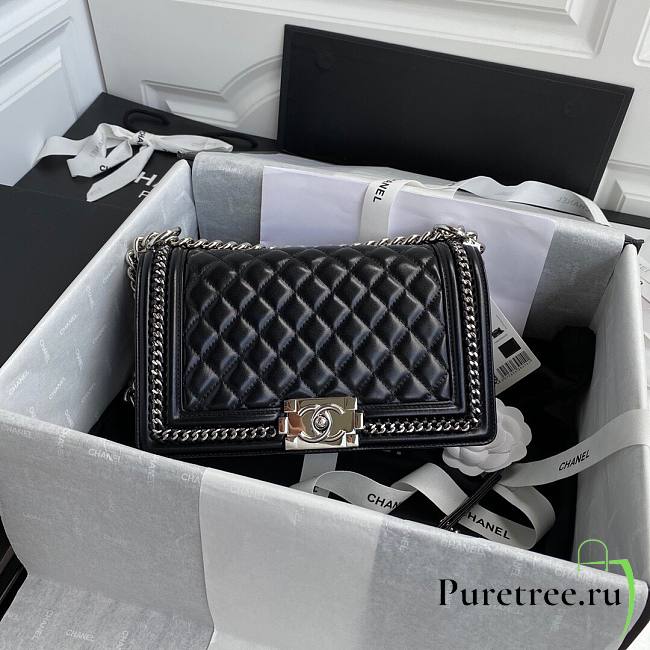 Chanel quilted lambskin medium boy bag metal hardware black | A67086 - 1