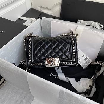 Chanel quilted lambskin small boy bag metal hardware black | A67086