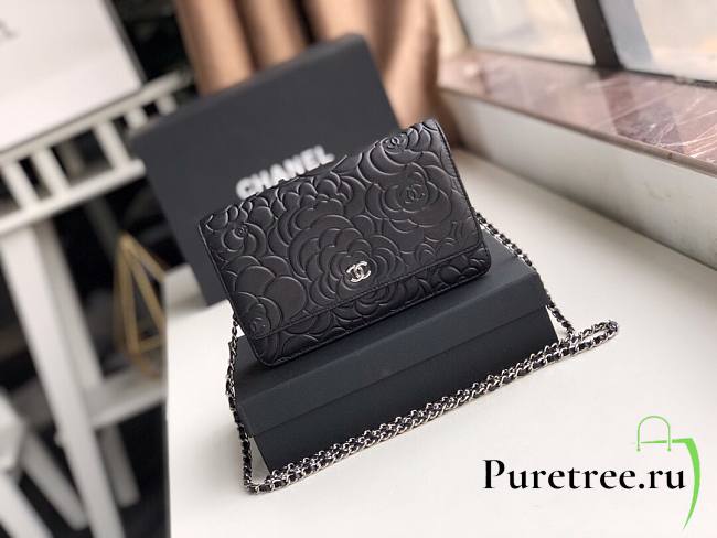 Chanel Calfskin Wallet Chain Strap WOC Black Rose - 1