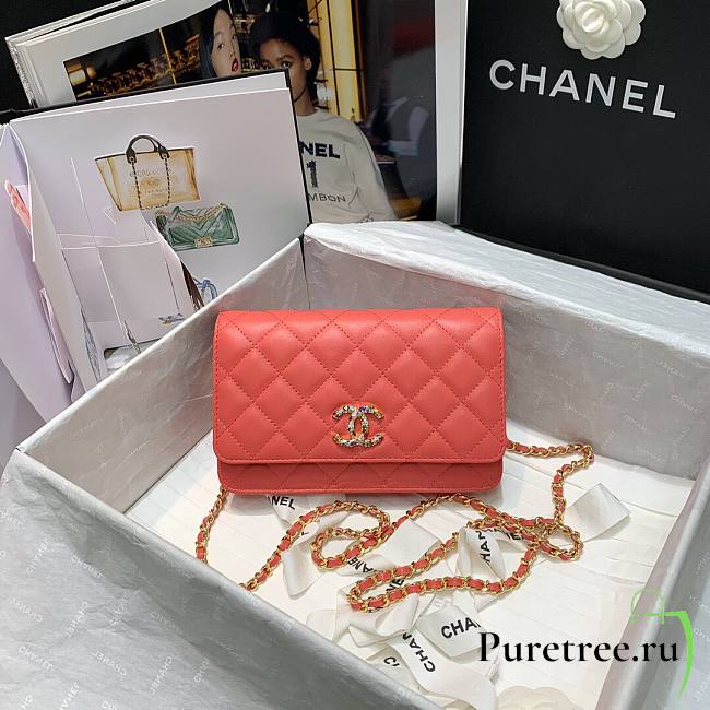 Chanel Quilted Lambskin Wallet on Chain WOC with Colored Crystal Orange | AP1943  - 1