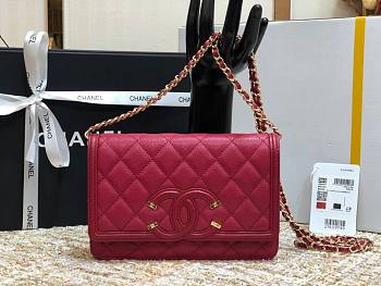 Chanel Metallic Grined Red Calfskin CC Wallet WOC Bag | A84451