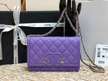 Chanel Metallic Grined Purple Calfskin CC Wallet WOC Bag | A84451