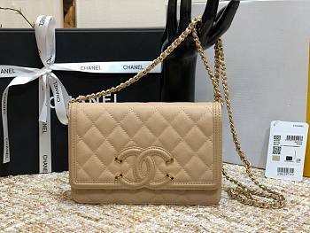 Chanel Metallic Grined Beige Calfskin CC Wallet WOC Bag | A84451