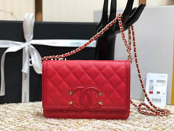 Chanel Metallic Grined Bright Red Calfskin CC Wallet WOC Bag | A84451