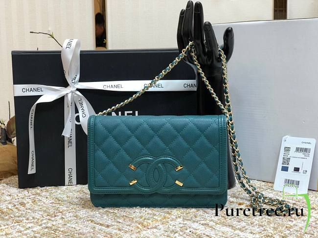 Chanel Metallic Grined Blue Calfskin CC Wallet WOC Bag | A84451 - 1