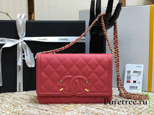 Chanel Metallic Grined Pink Calfskin CC Wallet WOC Bag | A84451 - 1