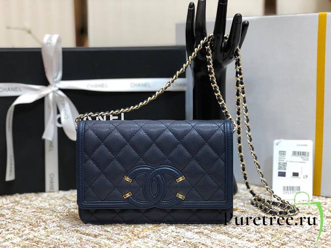 Chanel Metallic Grined Deep Blue Calfskin CC Wallet WOC Bag | A84451 - 1