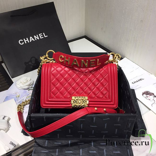 Chanel Original Lambskin Leather Boy Flap Bag Red 25 cm - 1
