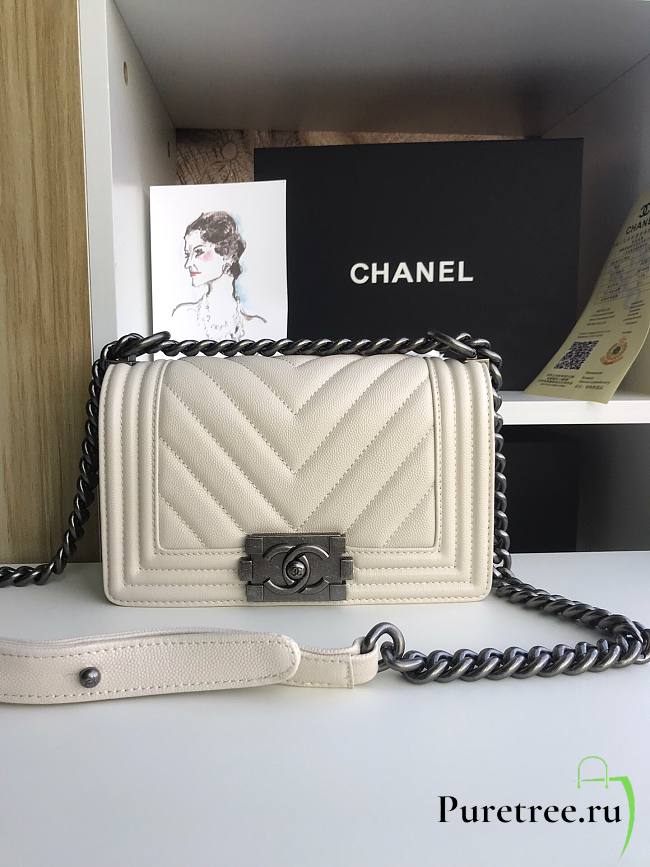 Chanel Iridescent Chevron Grained Leather Boy Flap White Bag / Black Hardware 20cm - 1