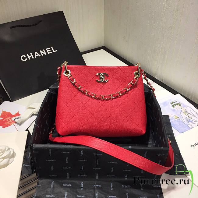 Chanel Button Up Calfskin & Grosgrain Small Hobo Handbag Red | A57573 - 1