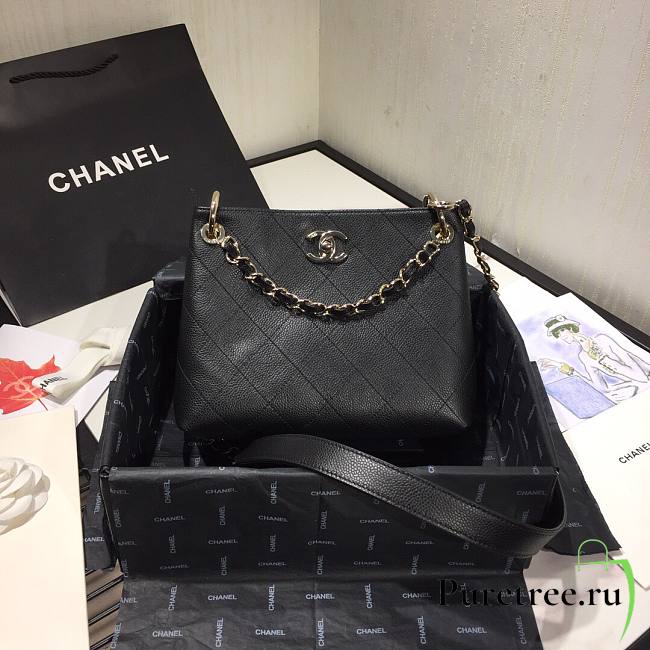 Chanel Button Up Calfskin & Grosgrain Small Hobo Handbag Black | A57573 - 1