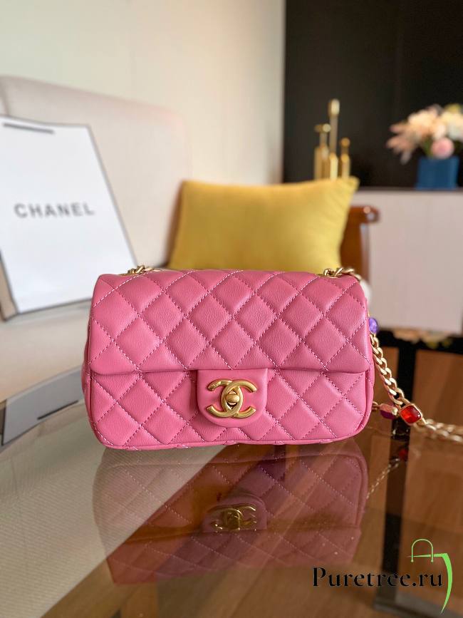 Chanel Lambskin Resin Stones Chain Small Flap Bag Pink | AS2380  - 1