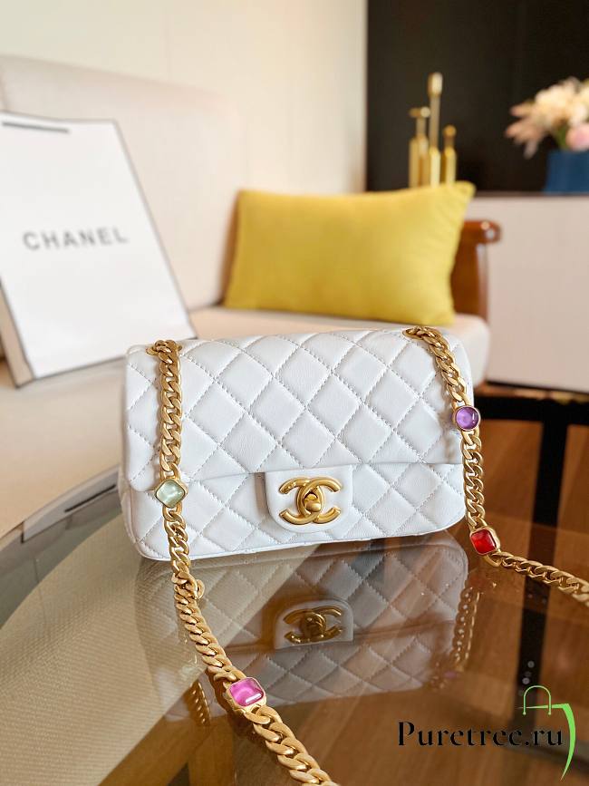 Chanel Lambskin Resin Stones Chain Small Flap Bag White| AS2380 - 1