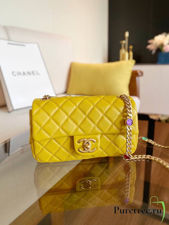Chanel Lambskin Resin Stones Chain Small Flap Bag Yellow | AS2380 - 1